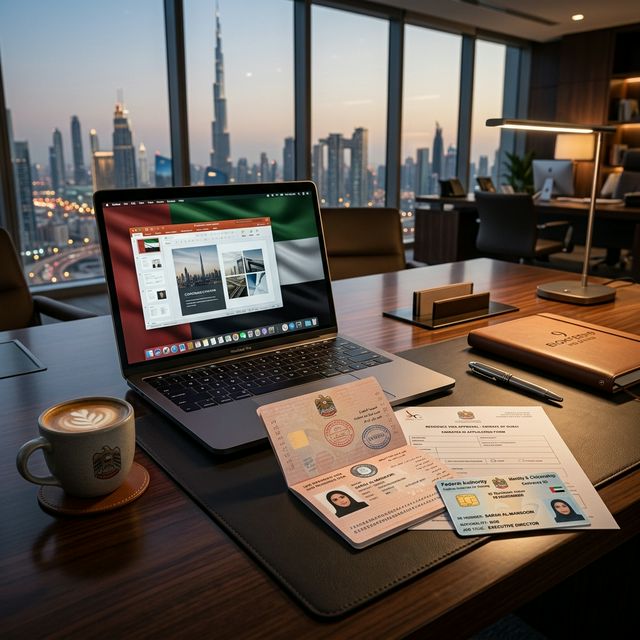 View through airplane window showing Dubai skyline receding at sunset